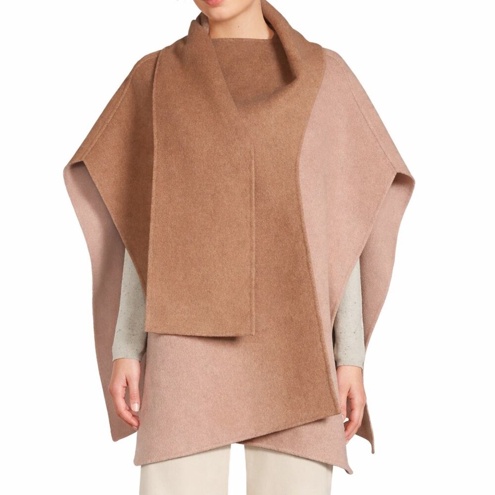 Lands’ End Reversible Wool Blend Cape Poncho One Size Neutral Tan Camel